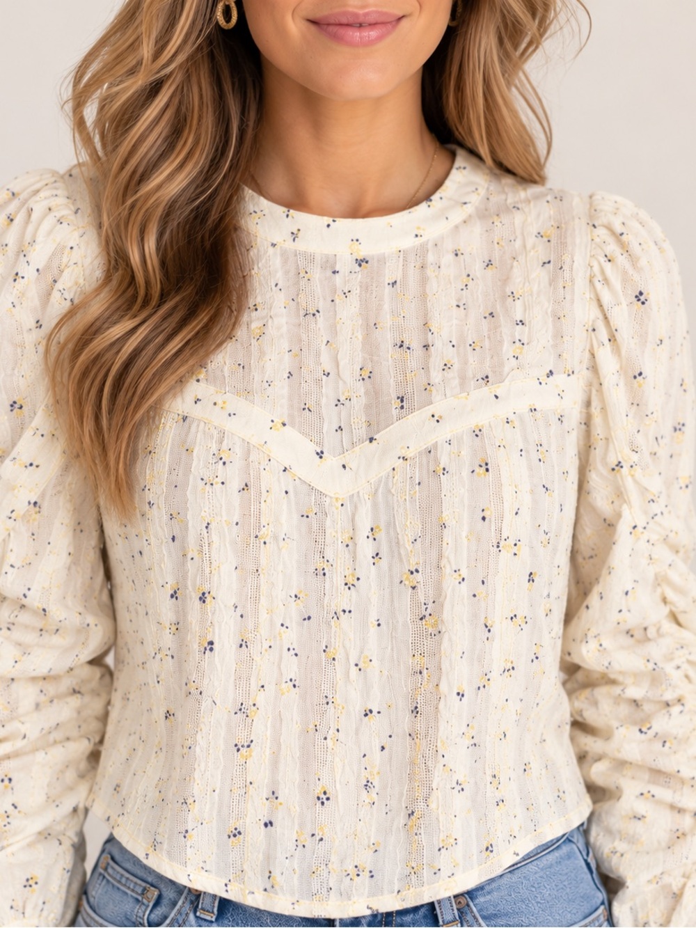 Olivaceous Cream Floral Pintuck Crop Top